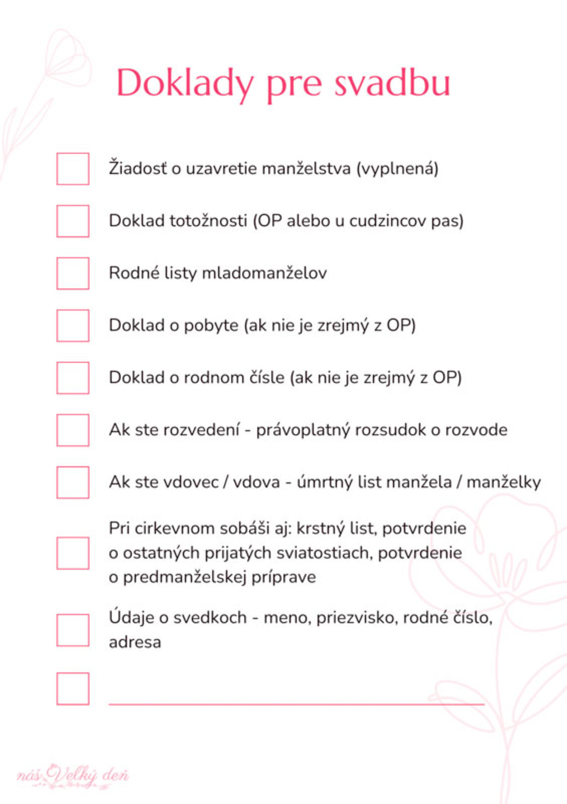 zoznam dokladov pre svadbu