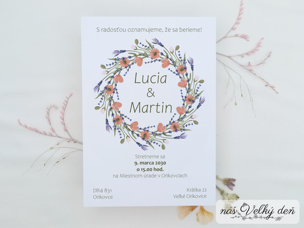 Svadobné oznámenie - Venček vlčí mak-levanduľa