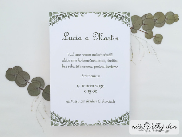 Svadobné oznámenie - Eukalyptové listy