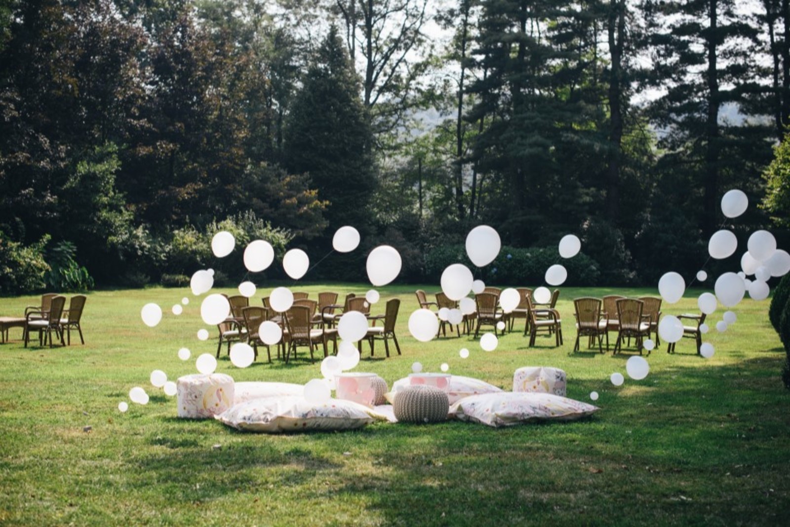 svadobna hostina v parku s miestom pre deti a balonmi