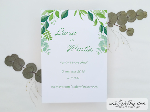 Svadobné oznámenie - Akvarelové zelené listy