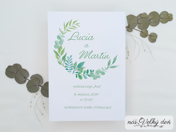 Svadobné oznámenie - Polkruh z akvarelových zelených listov