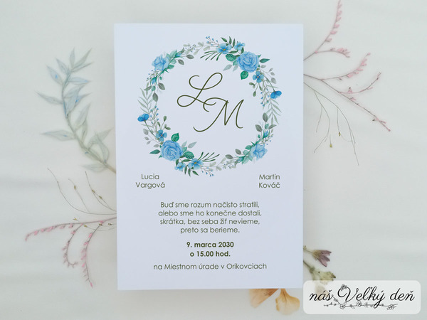 Svadobné oznámenie - Venček modré ruže