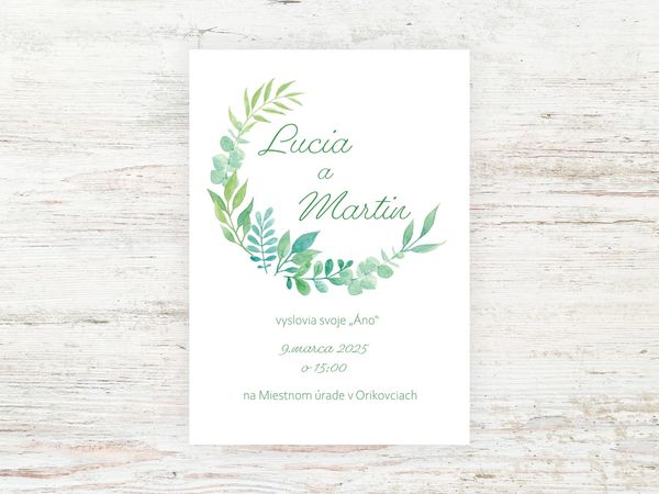 Svadobné oznámenie - Polkruh z akvarelových zelených listov