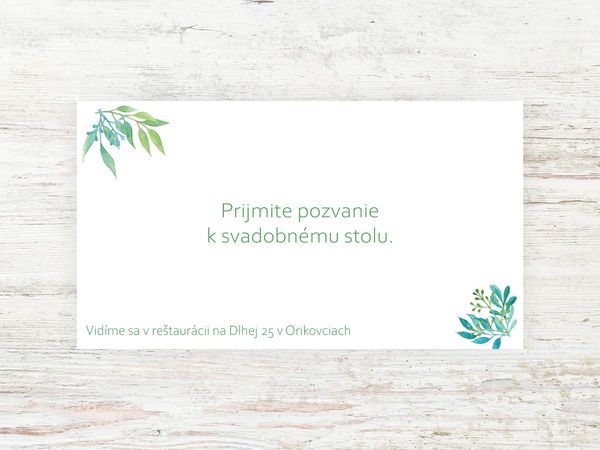 Svadobná pozvánka k stolu - Akvarelové zelenomodré listy v rohoch