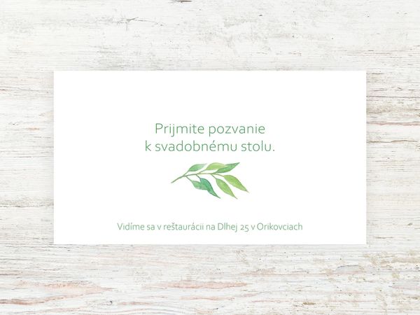 Svadobná pozvánka k stolu - Vetvička akvarelové zelené listy