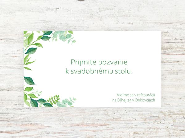 Svadobná pozvánka k stolu - Zelené akvarelové listy