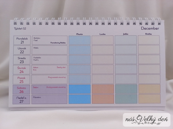 Týždenný kalendár - rodinný, stolový